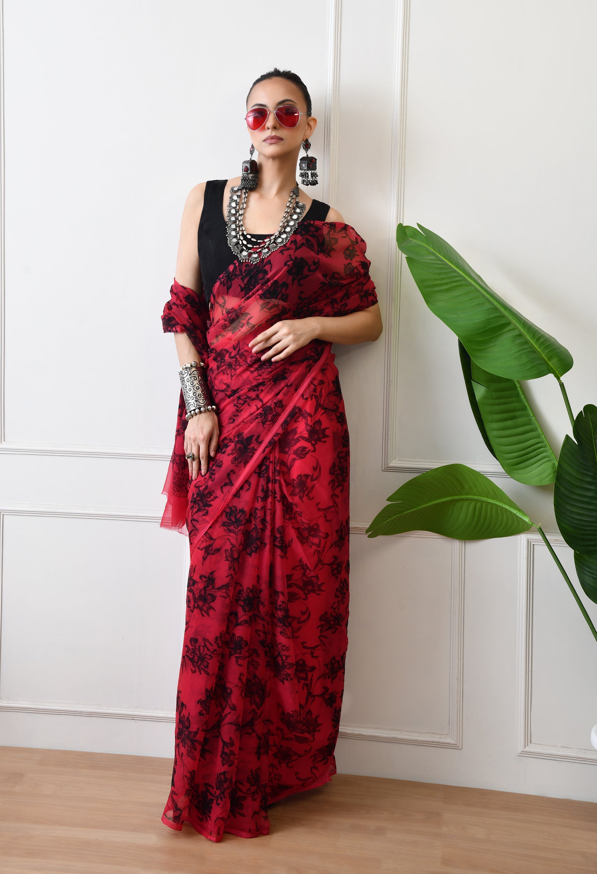 Printed Tomato Red Chiffon Saree