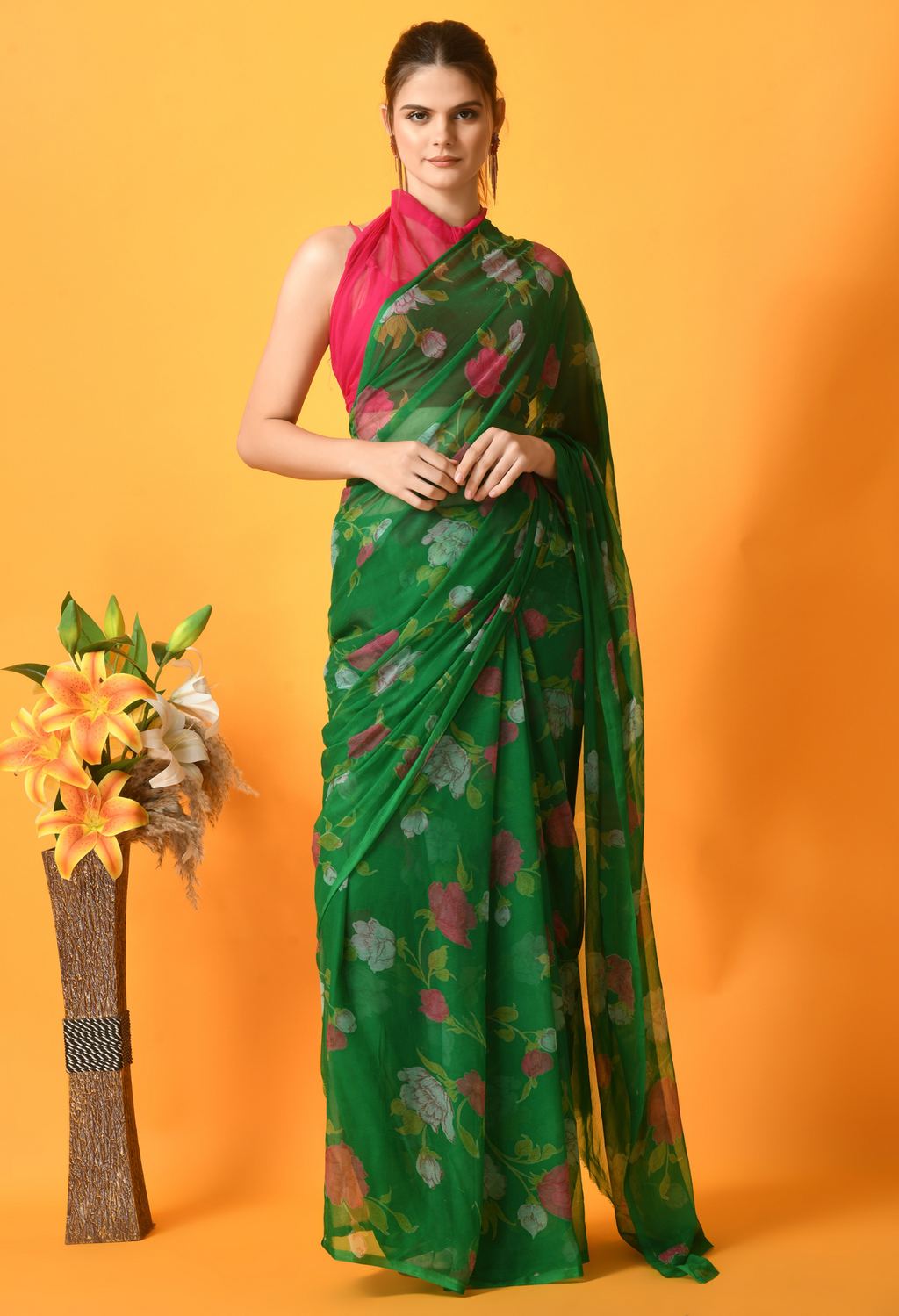 Texas Green Floral Printed Chiffon Saree