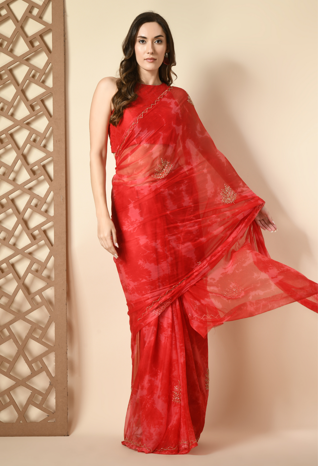 Elegant Love Rose Embellished chiffon leheriya saree for festive wear, trousseau saree, or farewell saree for timeless pre-wedding collection looks.