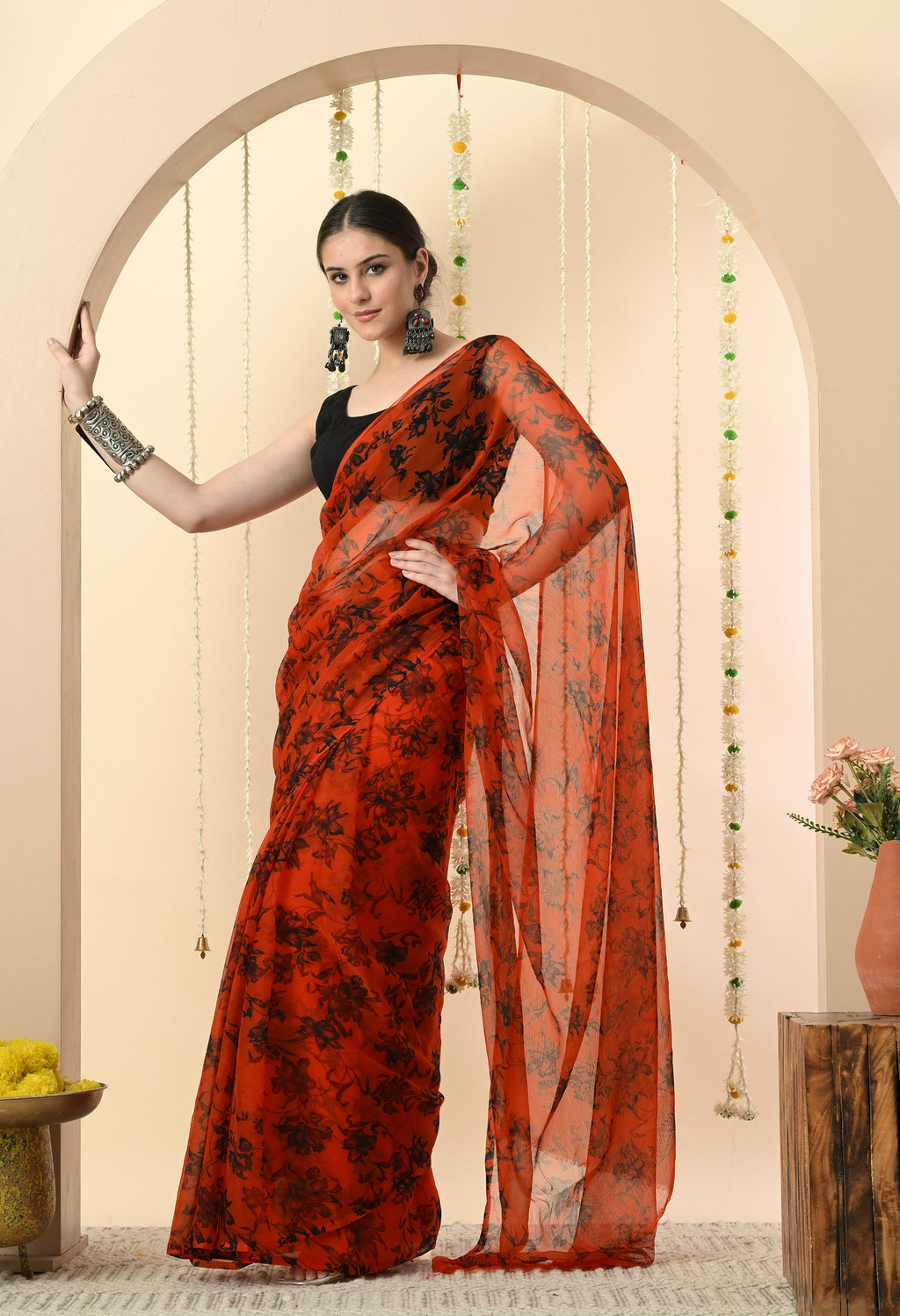 Printed Orange Chiffon Saree
