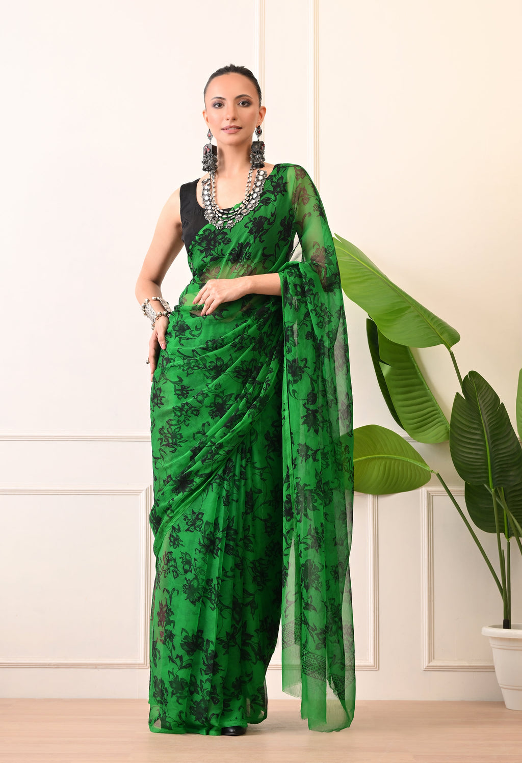 Printed Green Chiffon Saree