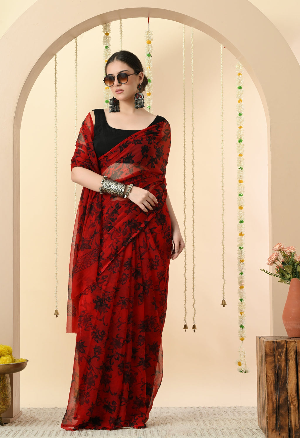 Printed Red Chiffon Saree
