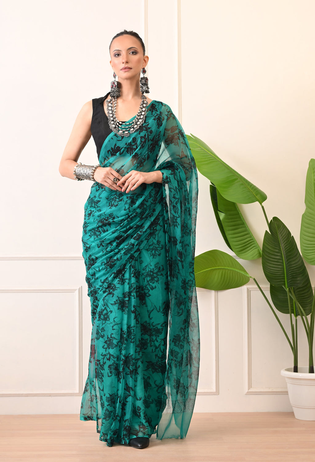 Printed Rama Chiffon Saree