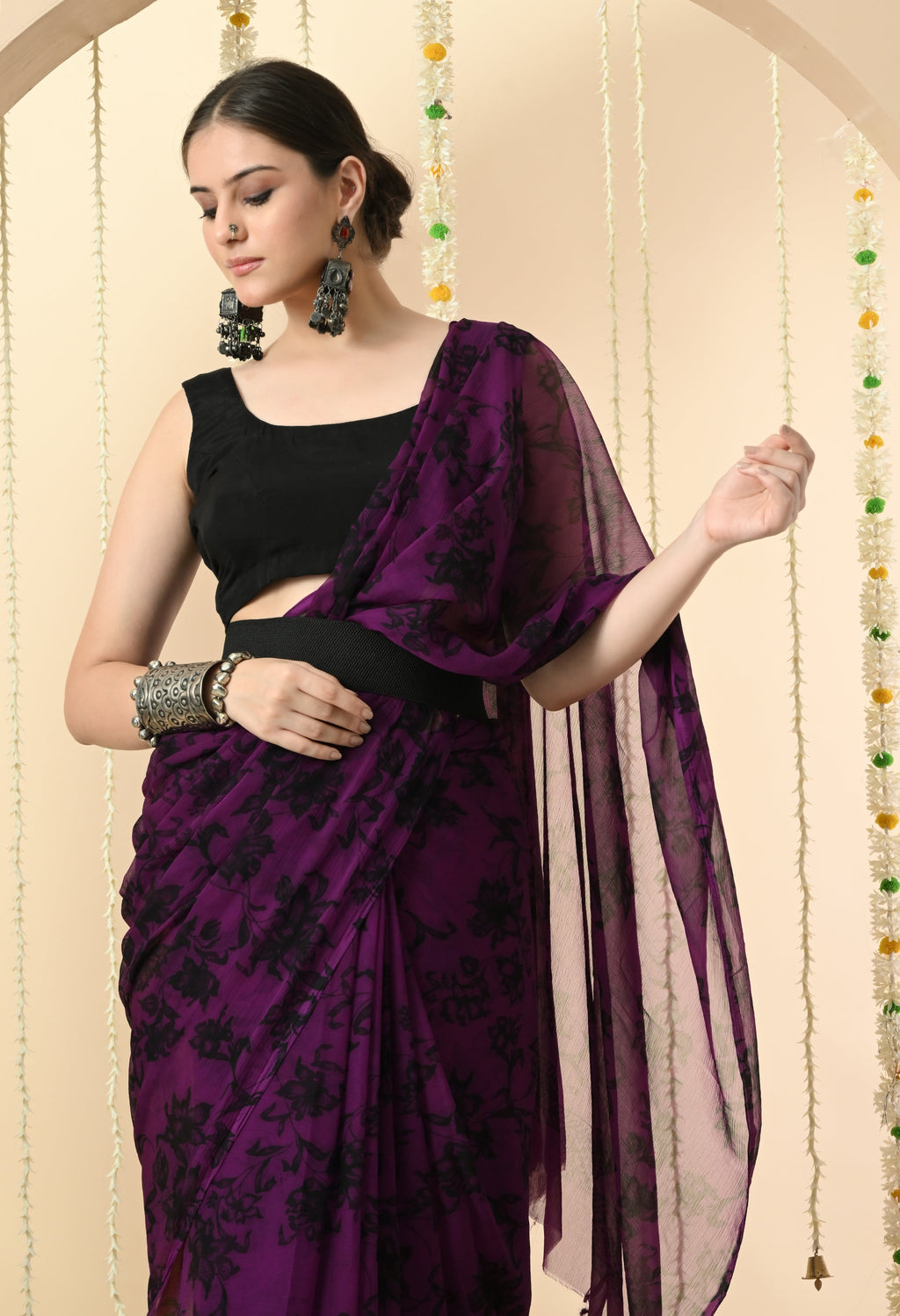 Printed Purple Chiffon Saree