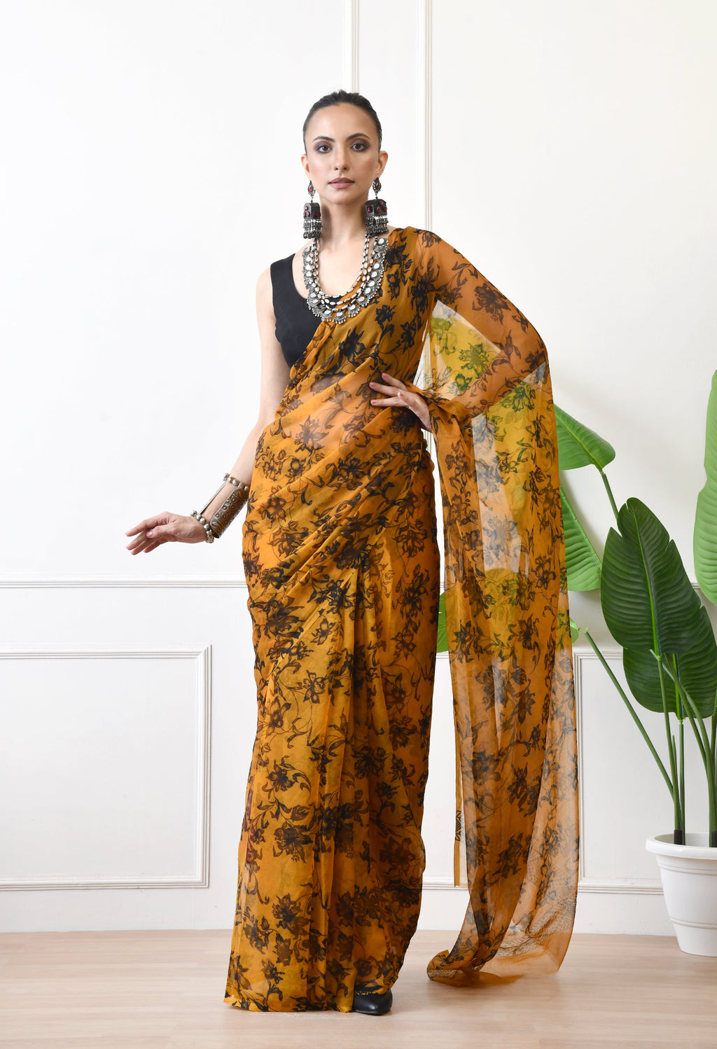 Printed Mustard Yellow Chiffon Saree