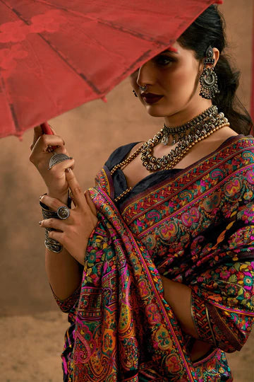 Dusky Black Kashmiri Modal Pashmina Silk Saree