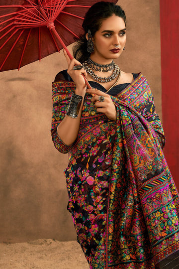 Dusky Black Kashmiri Modal Pashmina Silk Saree