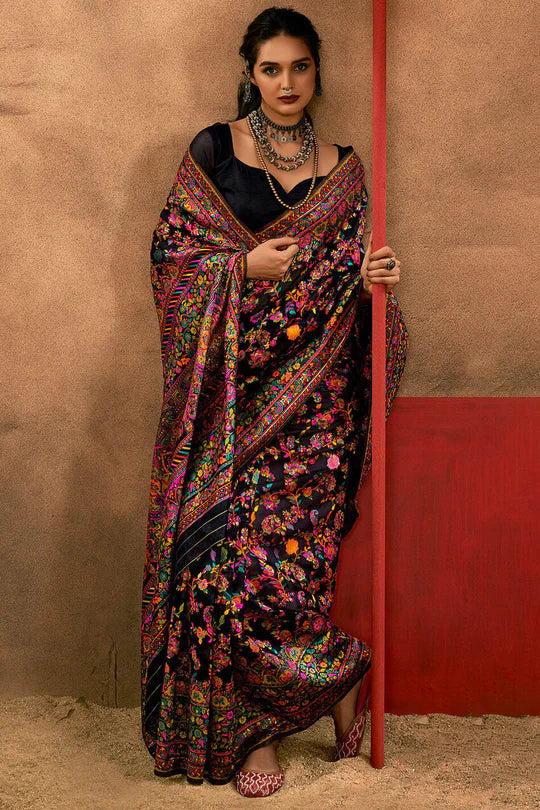 Dusky Black Kashmiri Modal Pashmina Silk Saree