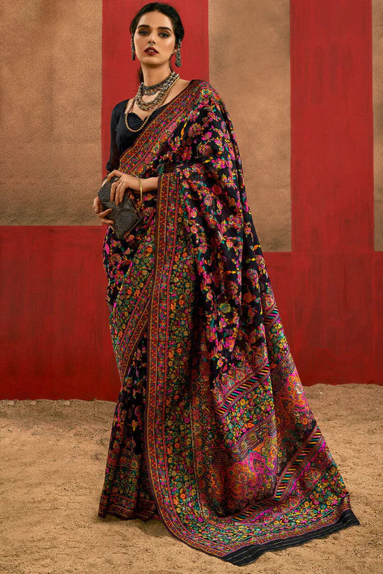 Dusky Black Kashmiri Modal Pashmina Silk Saree