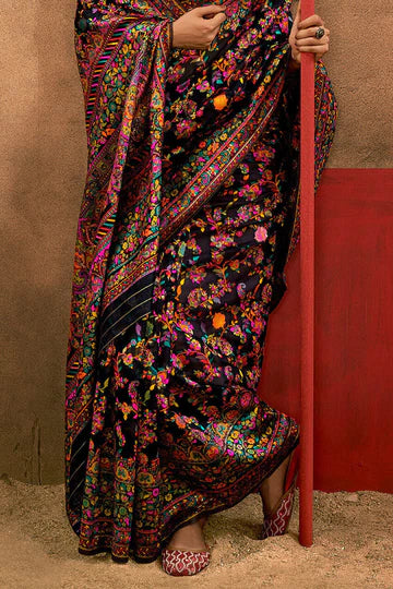 Dusky Black Kashmiri Modal Pashmina Silk Saree