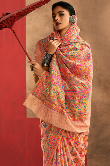 Faded Peach Kashmiri Modal Pashmina Silk Saree