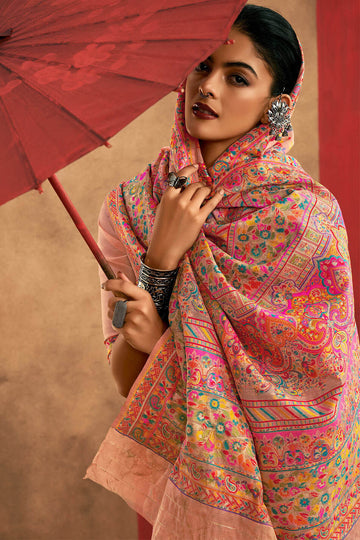Faded Peach Kashmiri Modal Pashmina Silk Saree