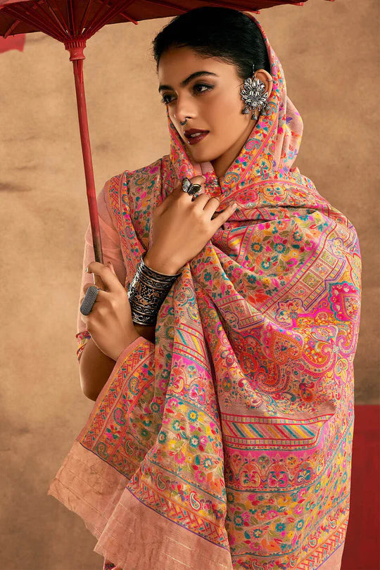 Faded Peach Kashmiri Modal Pashmina Silk Saree