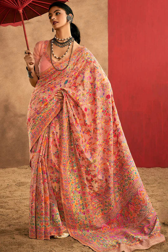 Faded Peach Kashmiri Modal Pashmina Silk Saree