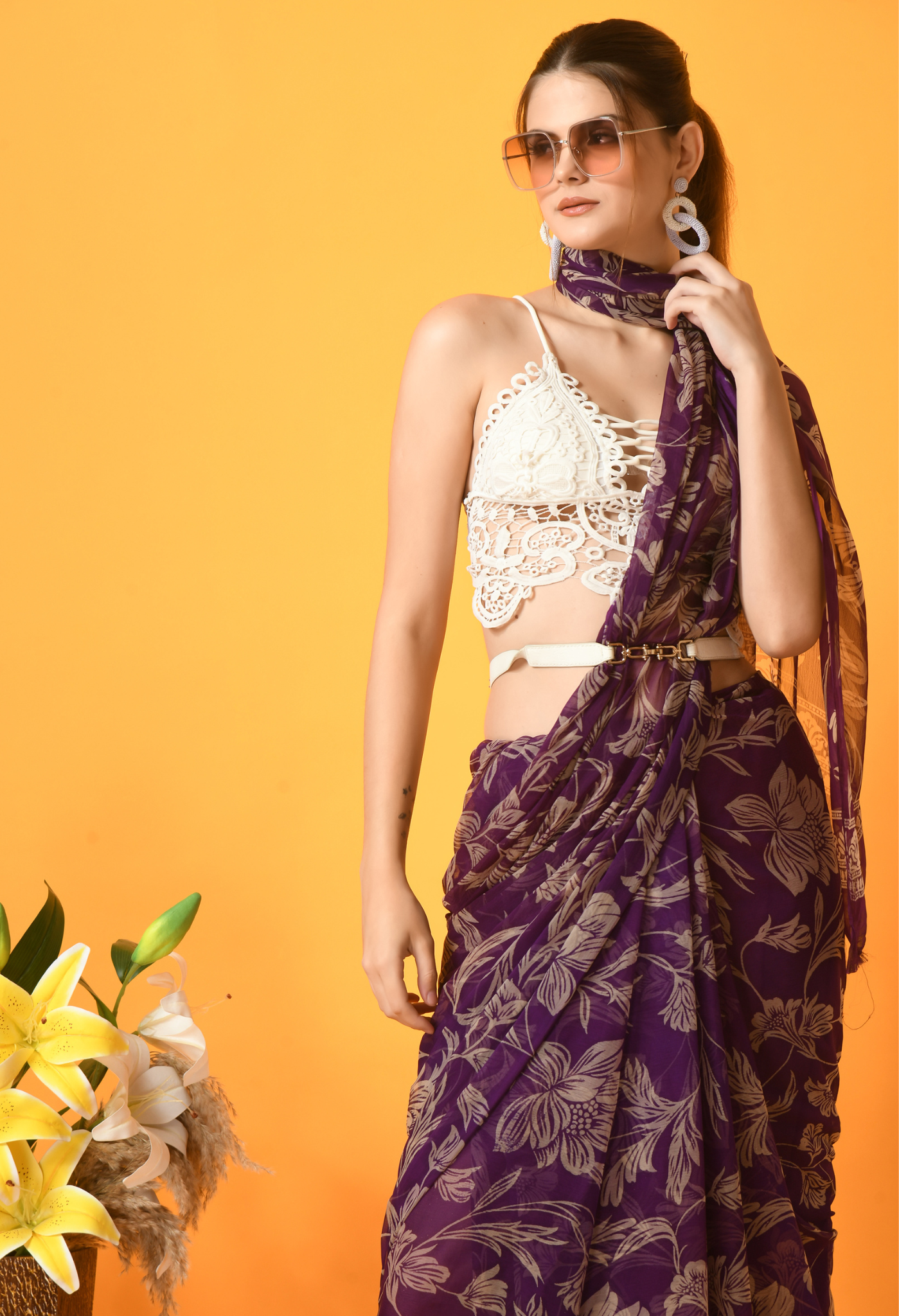Charmacy Purple Printed Chiffon Saree