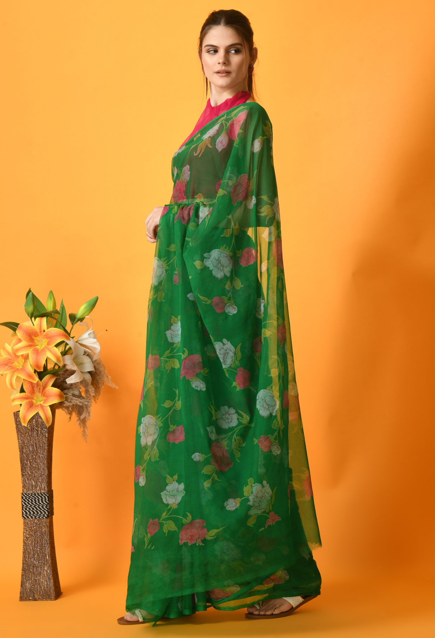 Texas Green Floral Printed Chiffon Saree