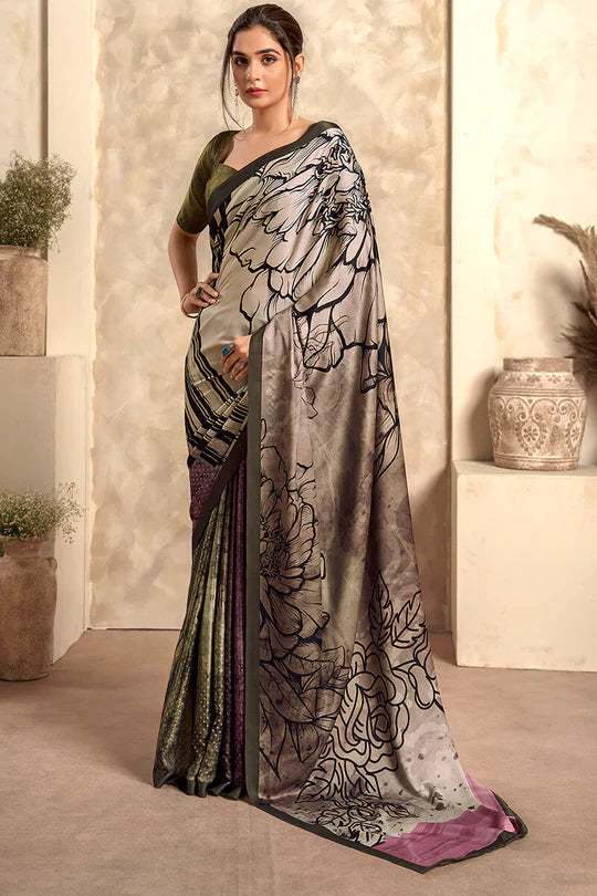 Warm Grey Printed Soft Satin Silk Saree