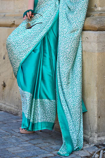 Eastern Blue Printed Satin Silk Saree