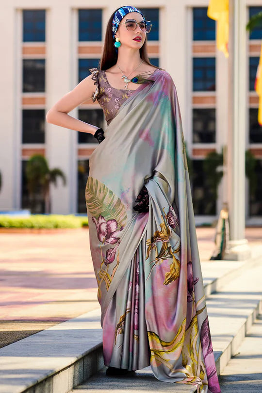 Regent Grey Printed Satin Crepe Silk Saree