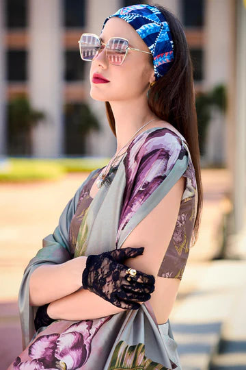 Regent Grey Printed Satin Crepe Silk Saree