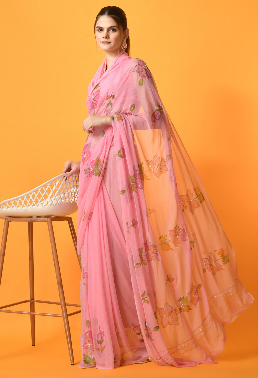 Bubble Gum Floral Hand Painted Chiffon Saree with Cut dana work