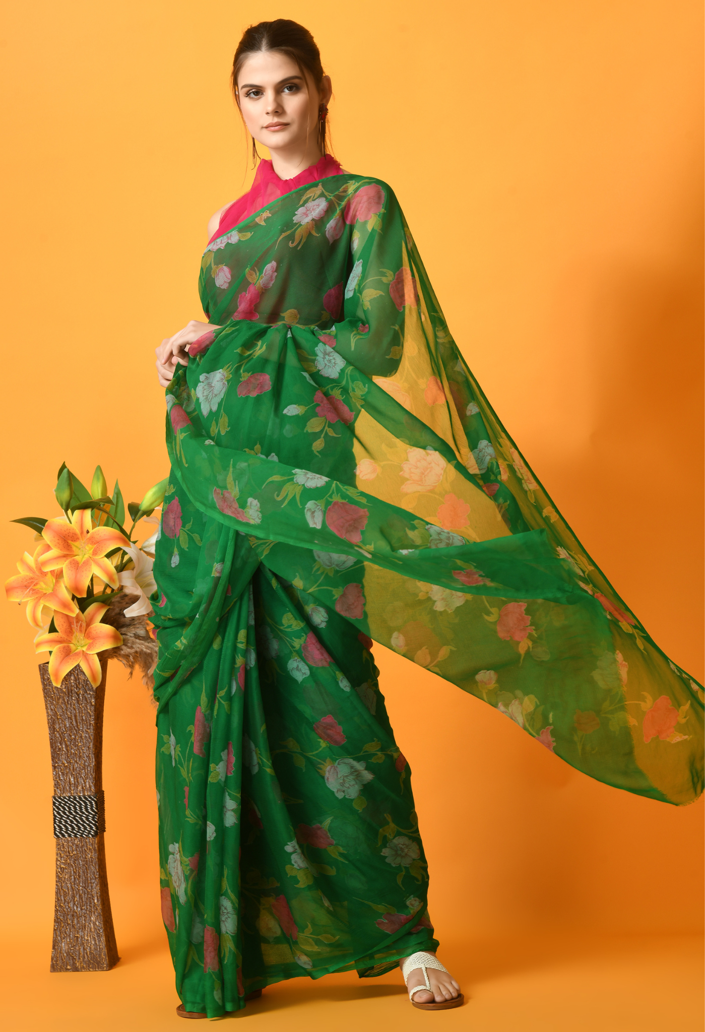 Texas Green Floral Printed Chiffon Saree
