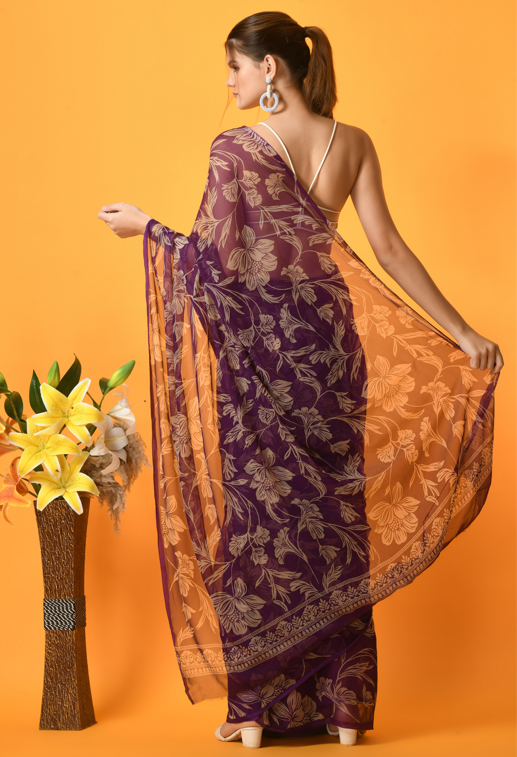 Charmacy Purple Printed Chiffon Saree