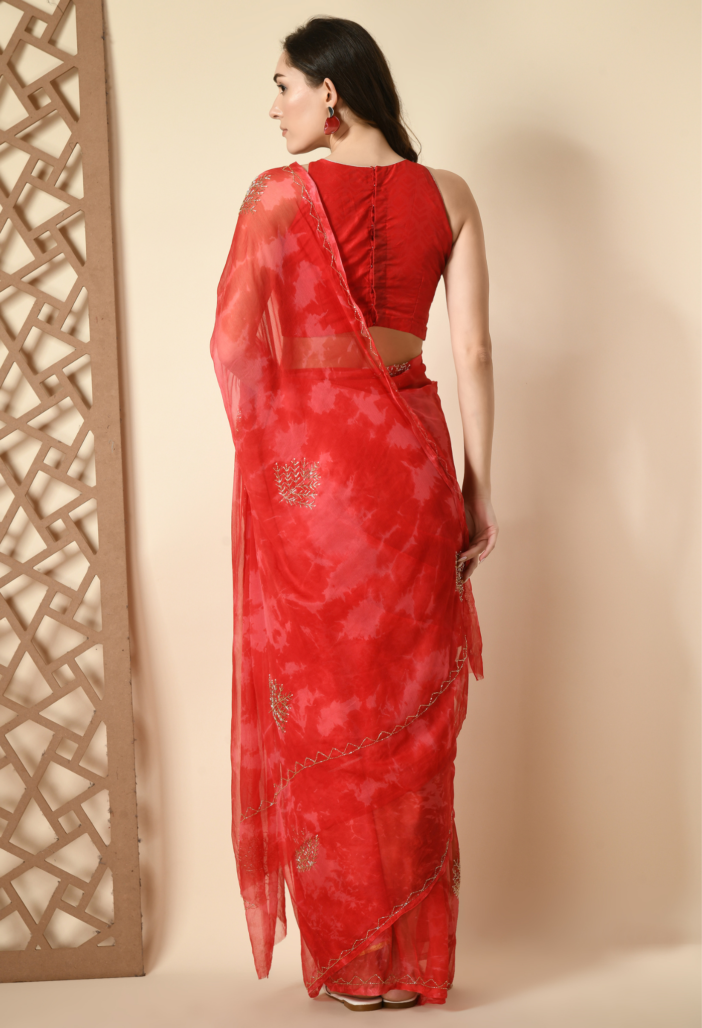 Elegant Love Rose Embellished chiffon leheriya saree for festive wear, trousseau saree, or farewell saree for timeless pre-wedding collection looks.