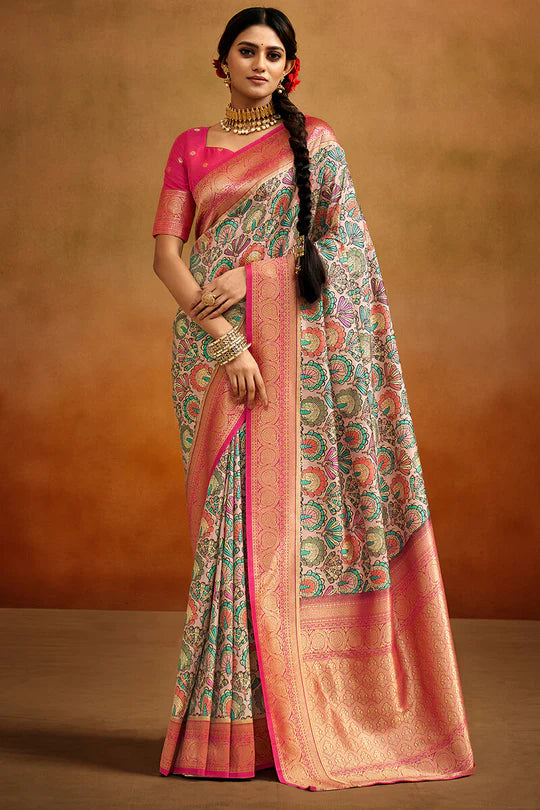Ruddy Pink Kalamkari Printed Tussar Silk Saree