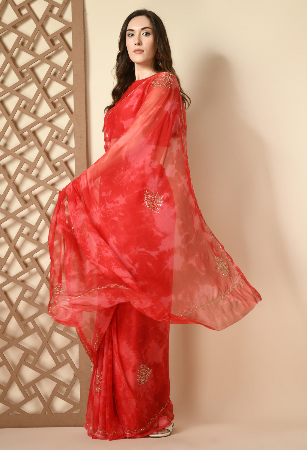 Elegant Love Rose Embellished chiffon leheriya saree for festive wear, trousseau saree, or farewell saree for timeless pre-wedding collection looks.