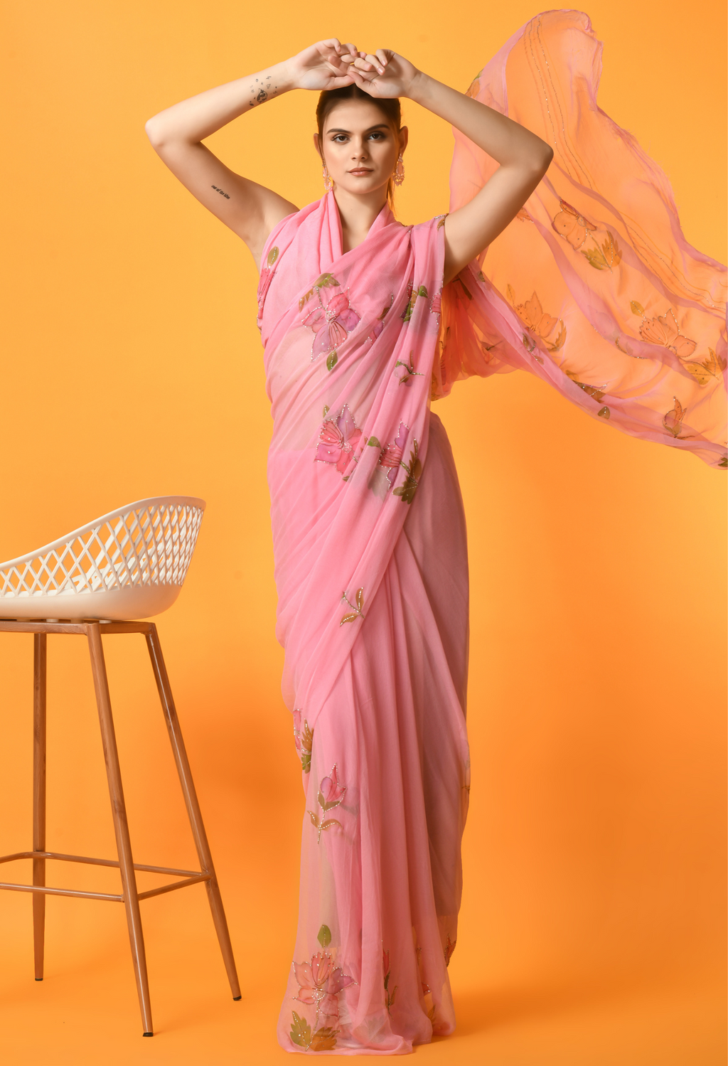 Bubble Gum Floral Hand Painted Chiffon Saree with Cut dana work