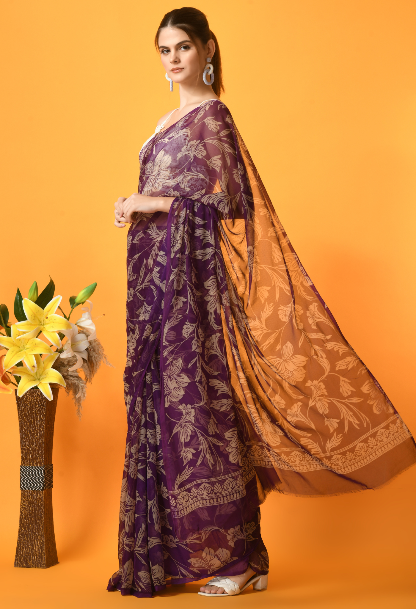 Charmacy Purple Printed Chiffon Saree