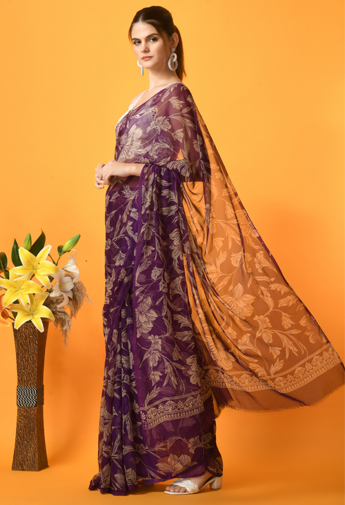 Charmacy Purple Printed Chiffon Saree