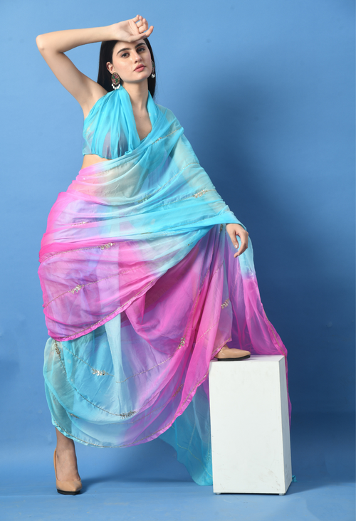 House of Chiffon asmani chiffon leheriya saree crafted for casual saree elegance, festive wear, and pre-wedding collection must-haves.
