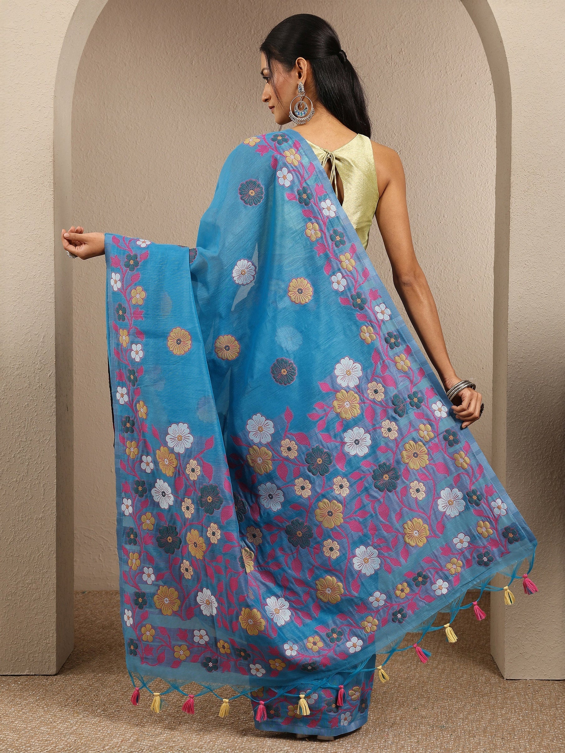 Blue Woven Design Cotton Blend Saree With Unstitched Blouse Piece