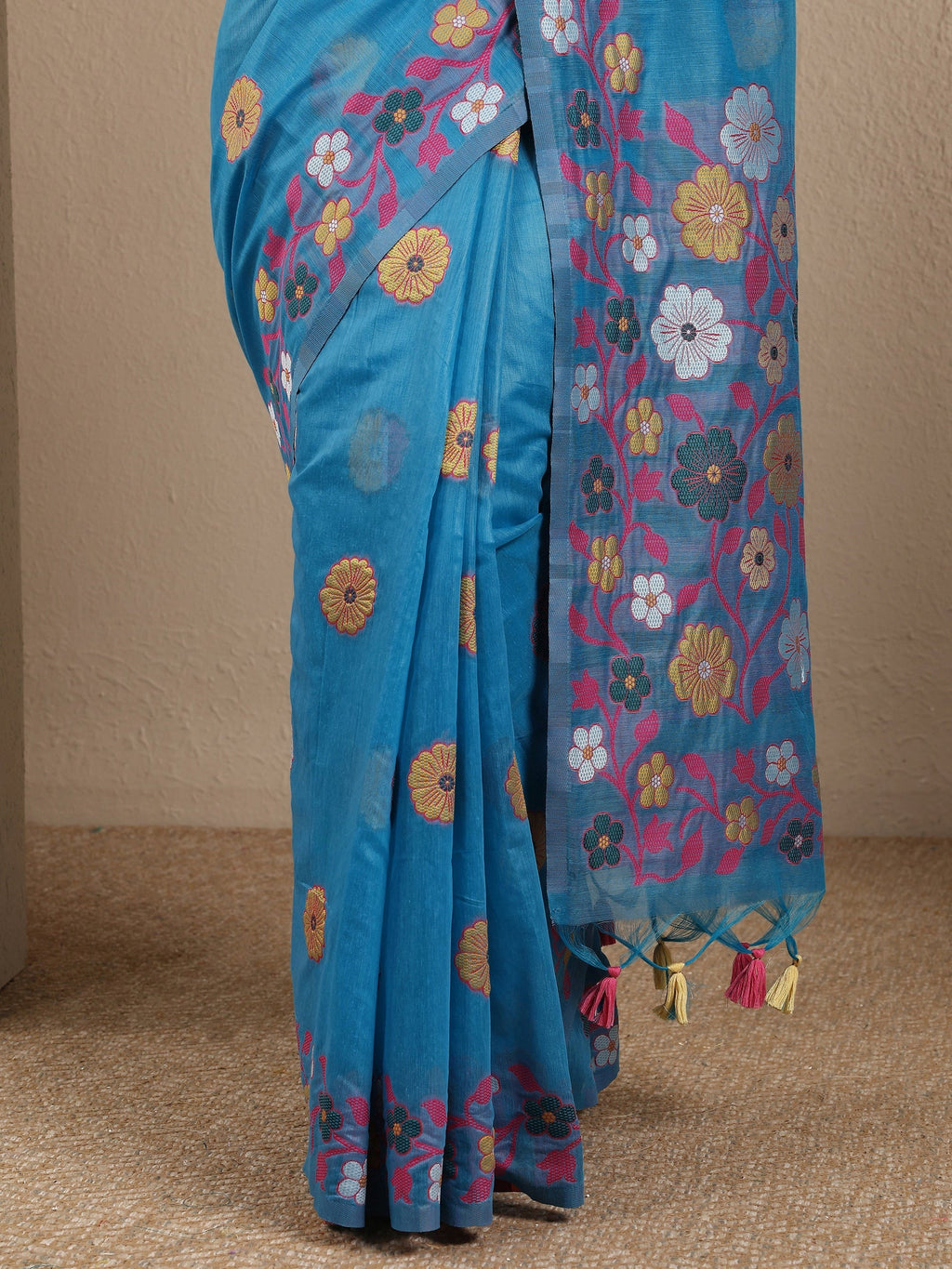 Blue Woven Design Cotton Blend Saree With Unstitched Blouse Piece