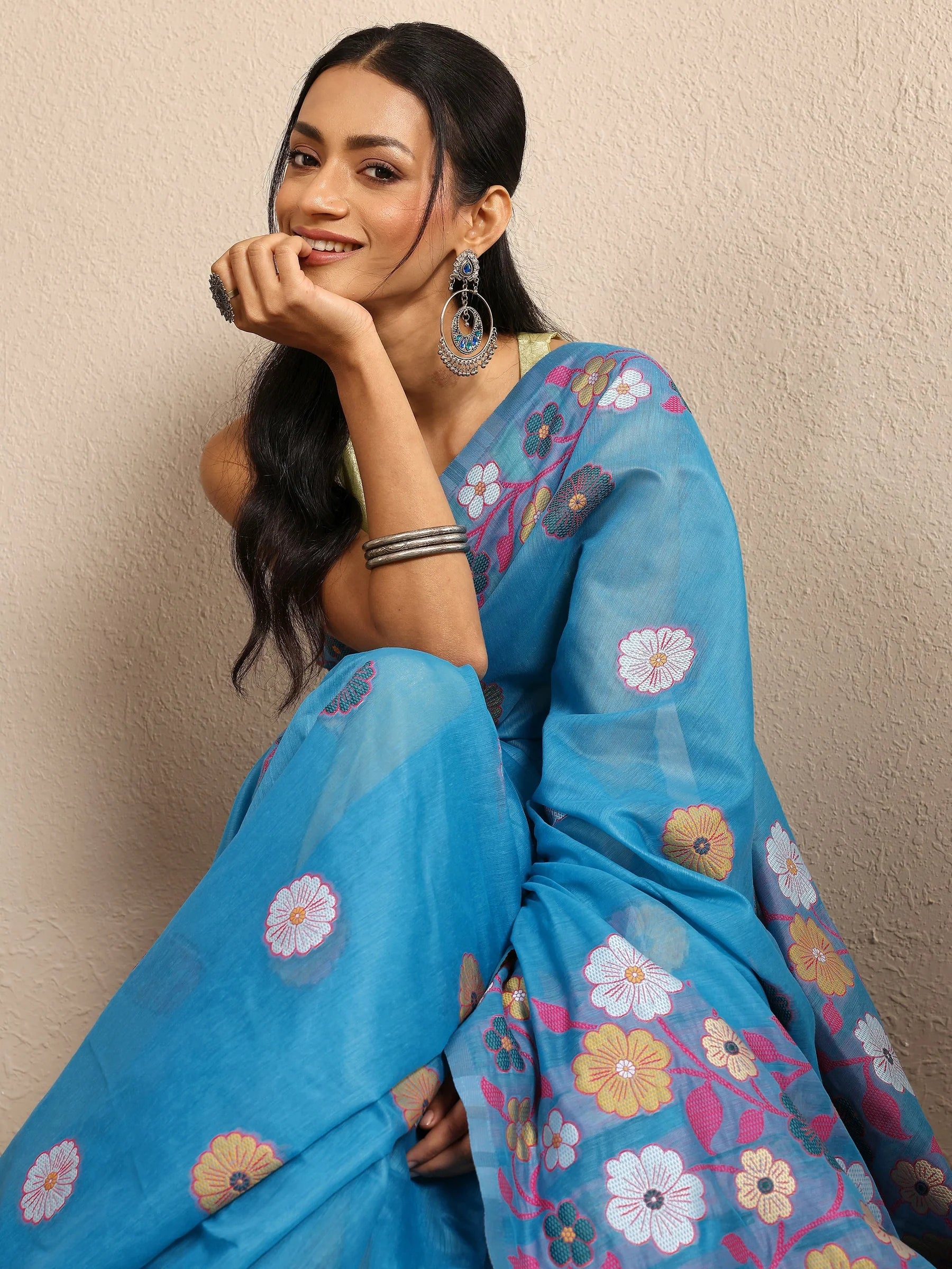 Blue Woven Design Cotton Blend Saree With Unstitched Blouse Piece
