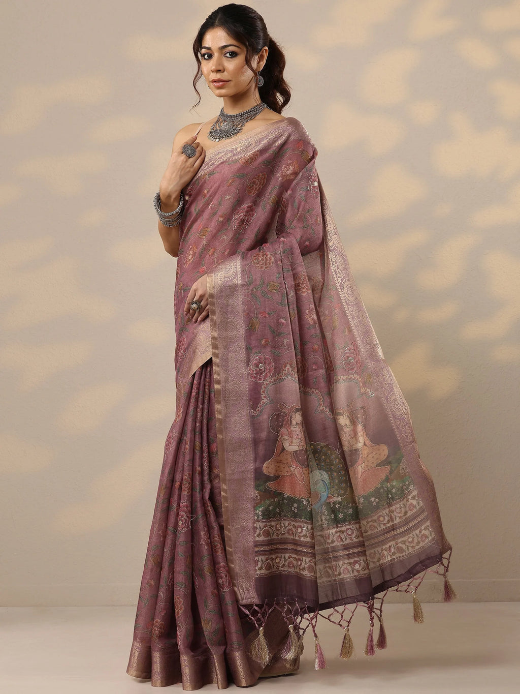 Lavender Printed Cotton Blend Sarees With Unstitched Blouse Piece