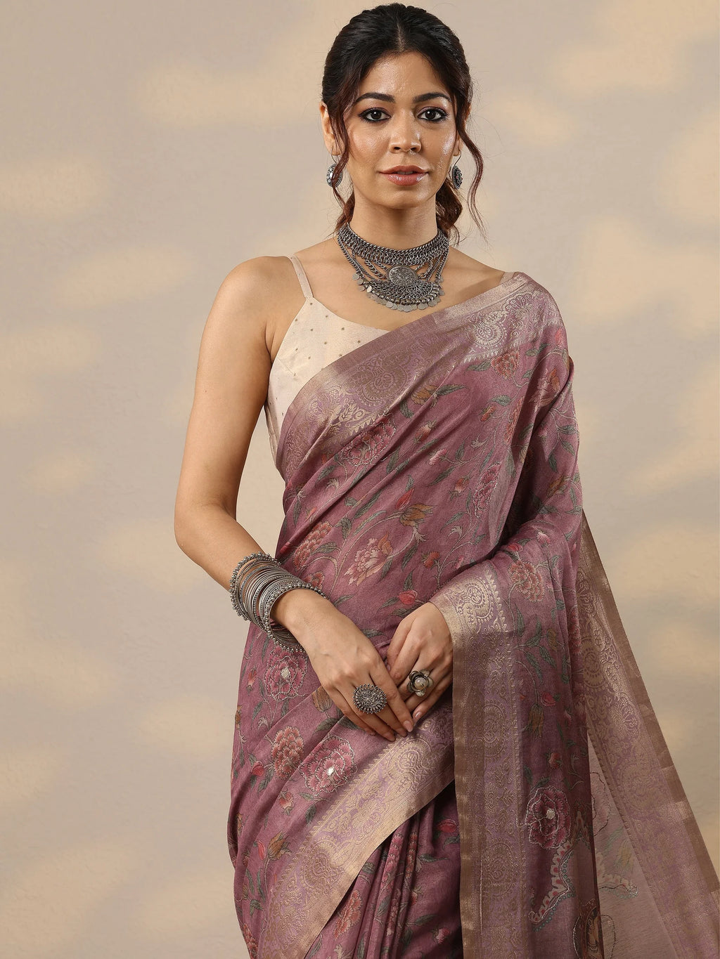 Lavender Printed Cotton Blend Sarees With Unstitched Blouse Piece