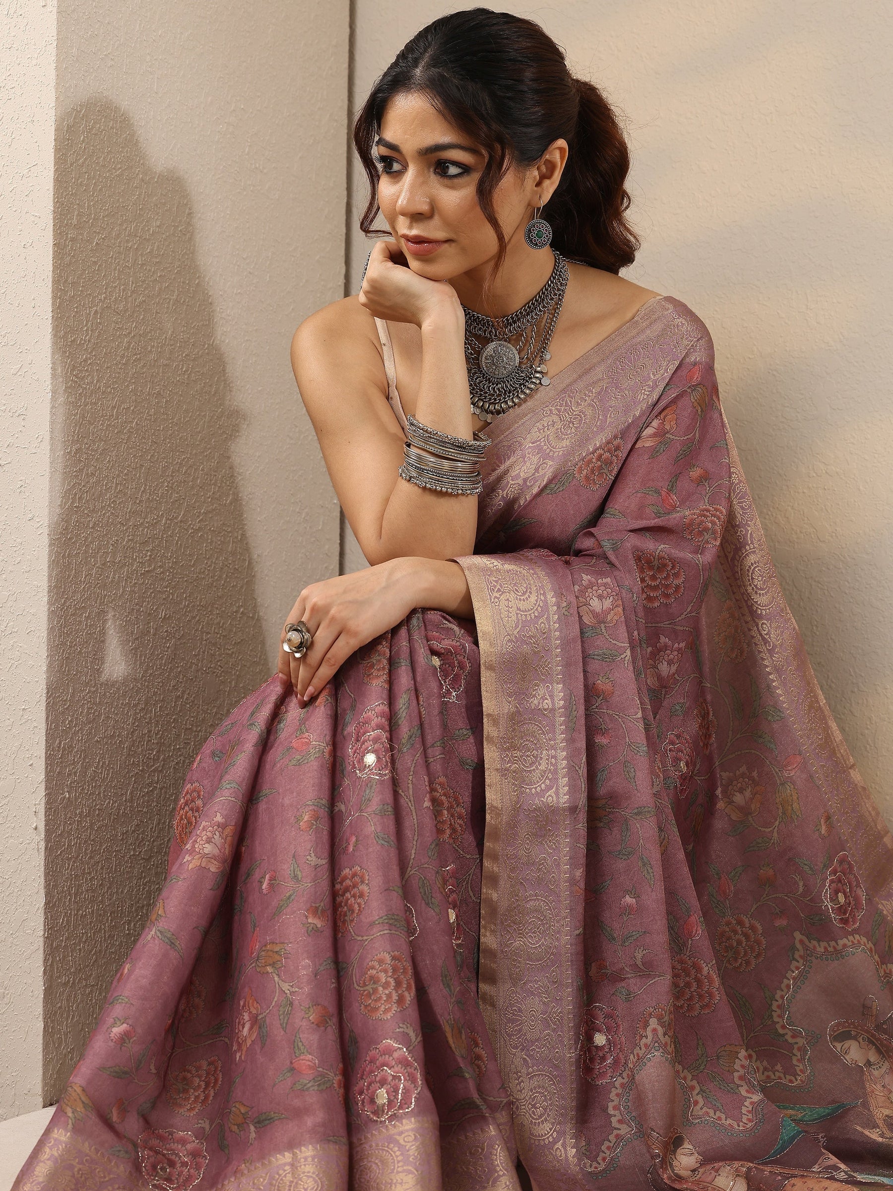 Lavender Printed Cotton Blend Sarees With Unstitched Blouse Piece