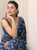 Indigo Printed Cotton Saree With Unstitched Blouse Piece