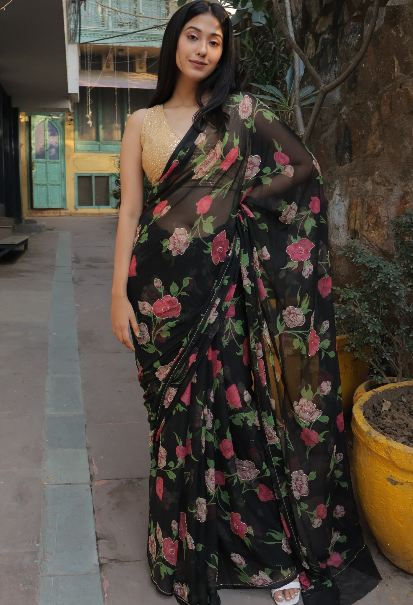Ash Black Floral Chiffon Saree with cut dana Detailing design showcasing festive wear elegance, styled as casual saree, party wear saree, and timeless trousseau saree.
