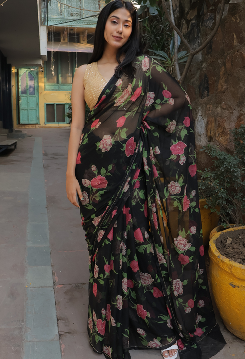 Ash Black Floral Chiffon Saree with cut dana Detailing design showcasing festive wear elegance, styled as casual saree, party wear saree, and timeless trousseau saree.