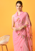 Bubble Gum Floral Hand Painted Chiffon Saree with Cut dana work