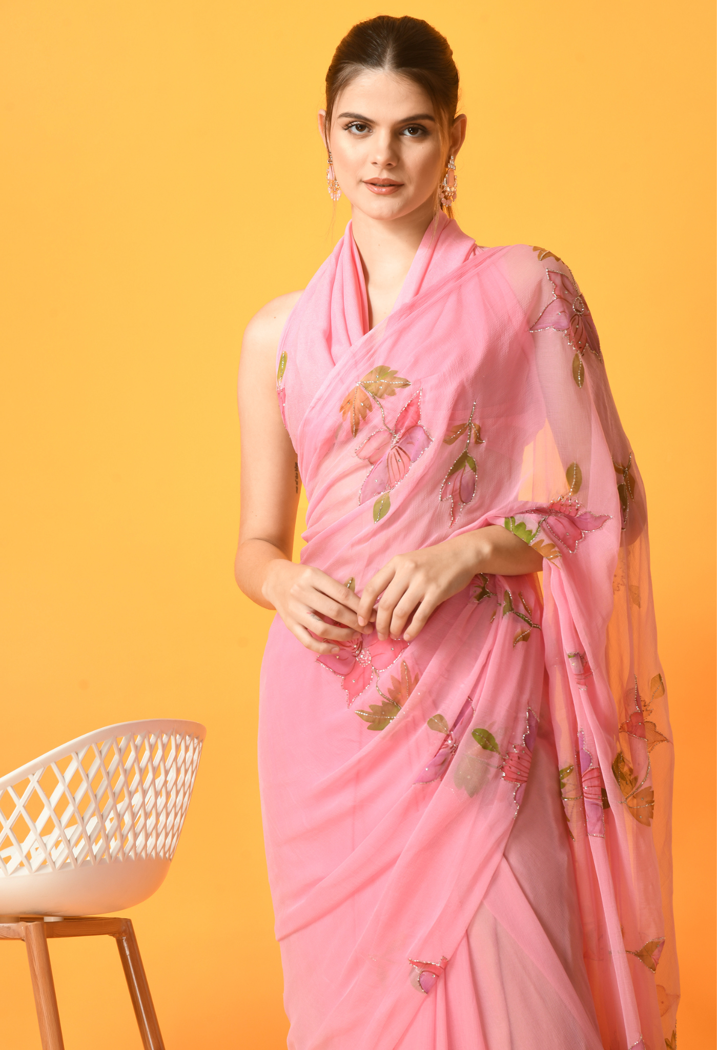 Bubble Gum Floral Hand Painted Chiffon Saree with Cut dana work