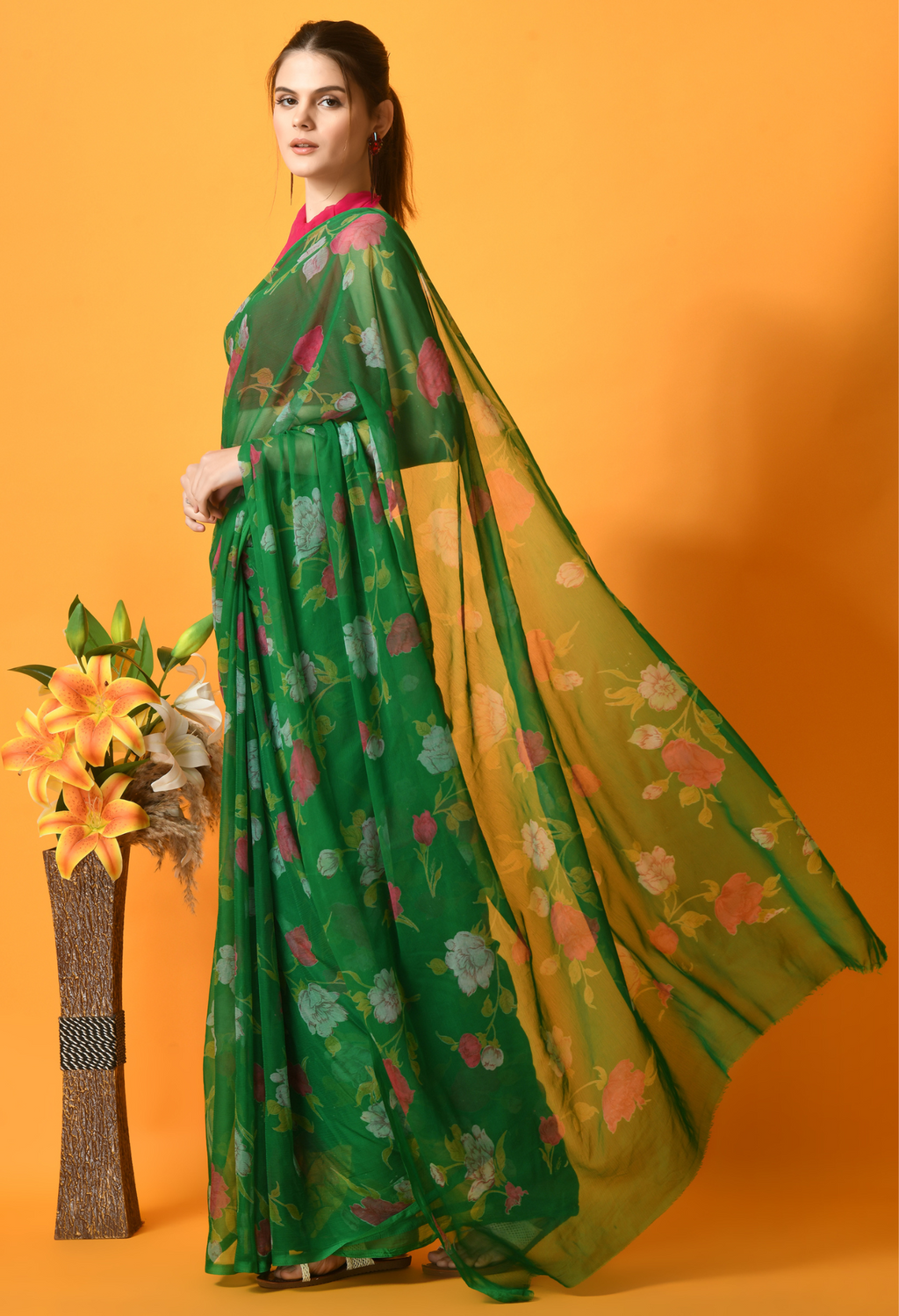 Texas Green Floral Printed Chiffon Saree