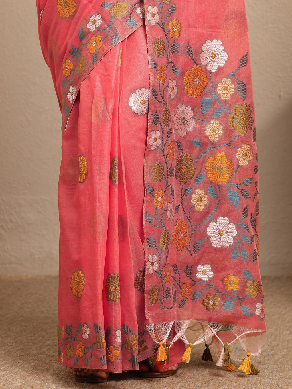 Coral Woven Design Cotton Blend Saree With Unstitched Blouse Piece