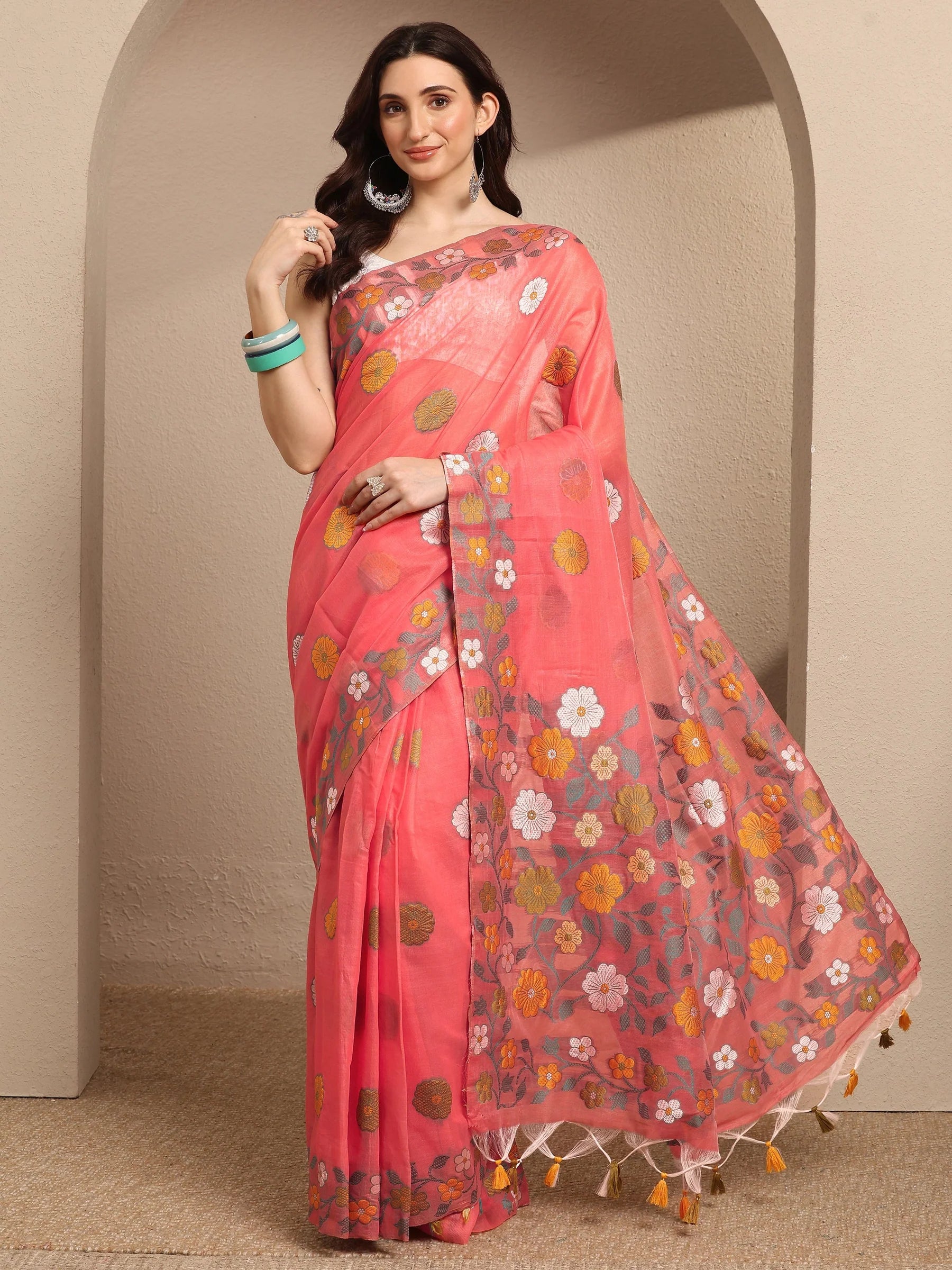 Coral Woven Design Cotton Blend Saree With Unstitched Blouse Piece
