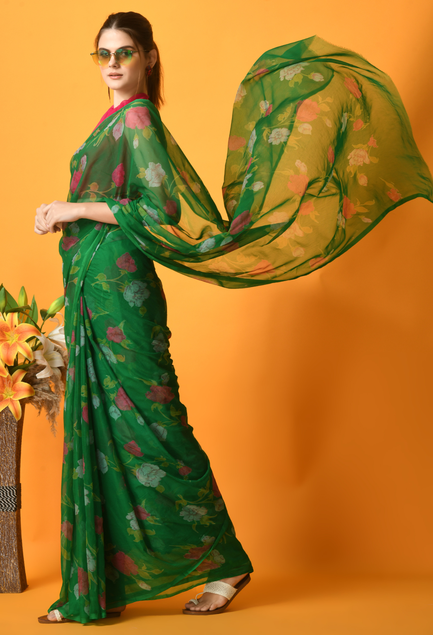 Texas Green Floral Printed Chiffon Saree