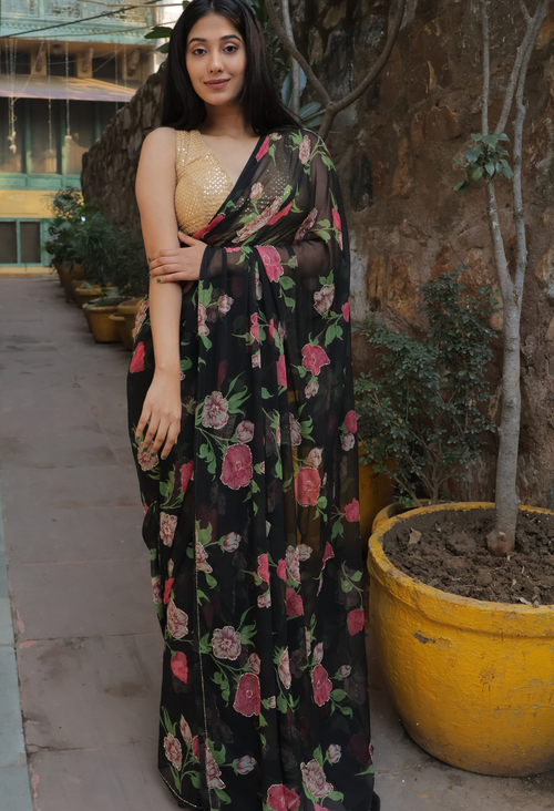Ash Black Floral Chiffon Saree with cut dana Detailing design showcasing festive wear elegance, styled as casual saree, party wear saree, and timeless trousseau saree.